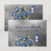 Carte De Remerciements Elegant Blue Roses Butterfly Silver Wedding (Devant / Derrière)