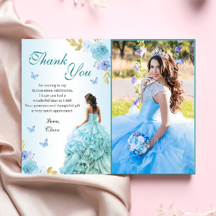 Carte De Remerciements Elégant Blush Blue Floral Quinceañera Anniversaire