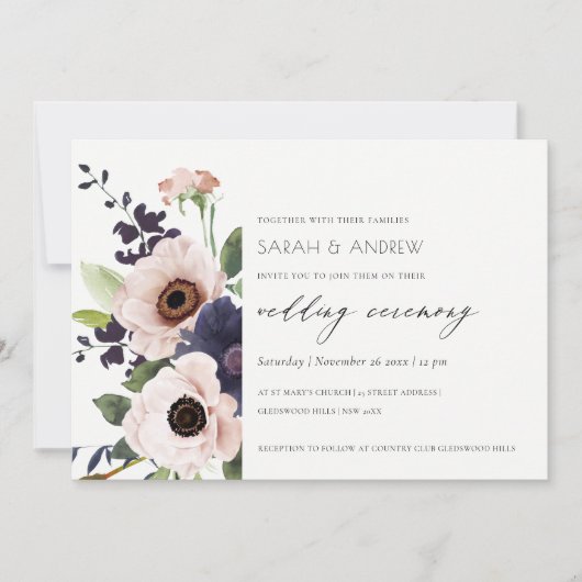 Carte De Remerciements Elégant Blush Navy Anemone Floral Wedding Invitati (Devant)