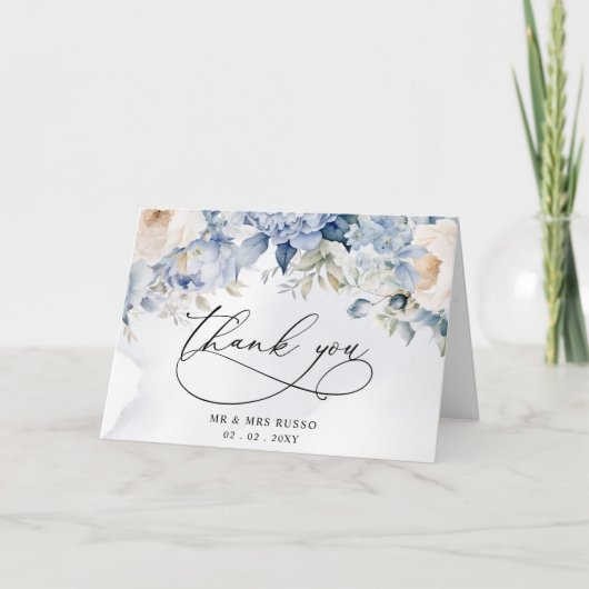 Carte De Remerciements Elégant Botanique Dusty Blue Floral Mariage (Devant)