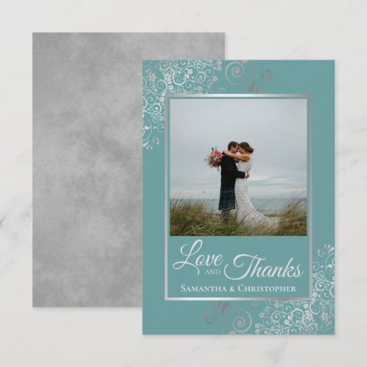 Carte De Remerciements Elégant boucles d'argent sur Turquoise Mariage d'a (Devant / Derrière)