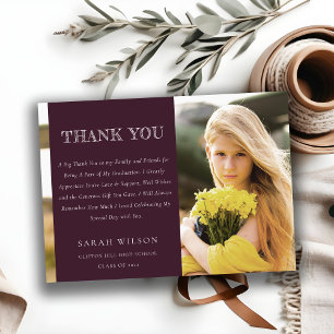 Carte De Remerciements Élégant Bourgogne Minimal Clean Photo Graduation