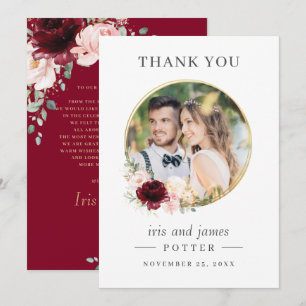 Carte De Remerciements Élégant Burgundy Blush Floral Circle Gold Mariage