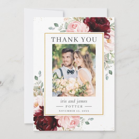 Carte De Remerciements Élégant Burgundy Blush Floral Photo Mariage (Devant)