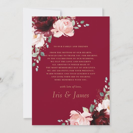 Carte De Remerciements Élégant Burgundy Blush Floral Photo Mariage (Dos)