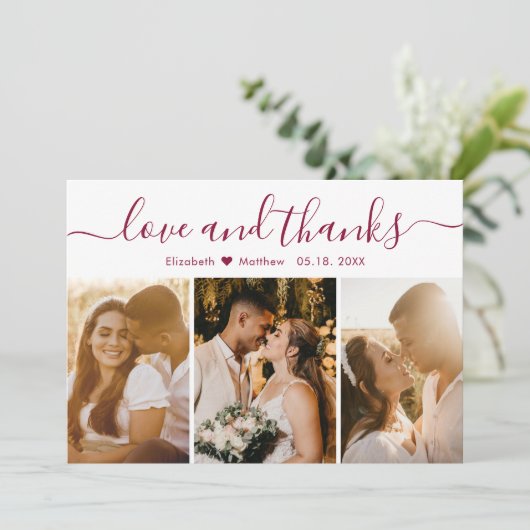 Carte De Remerciements Élégant Burgundy Script 3 Photo Collage Mariage (Debout devant)
