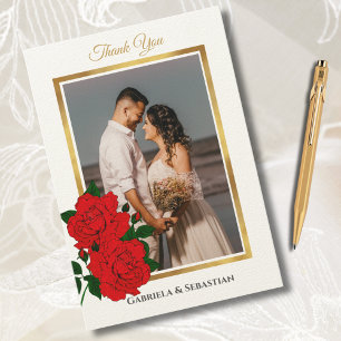 Carte De Remerciements Elégant cadre or Rouge Roses Mariage Photo
