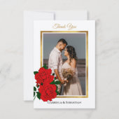 Carte De Remerciements Elégant cadre or Rouge Roses Mariage Photo (Devant)