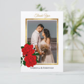 Carte De Remerciements Elégant cadre or Rouge Roses Mariage Photo (Debout devant)