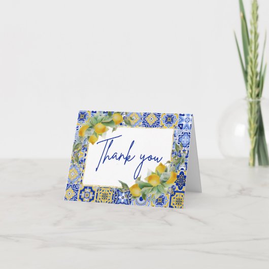 Carte De Remerciements Elégant Carrelage bleu italien Citron Citrus Scrip (Devant)