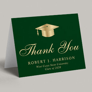 Carte De Remerciements Élégant Casquette Gold Grad Green Graduation
