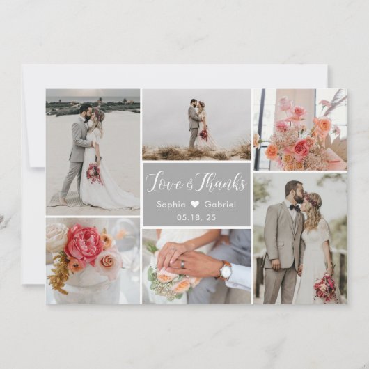 Carte De Remerciements Elegant Chic 6 Photo Collage Mariage gris (Devant)