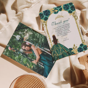 Carte De Remerciements Élégant Chic Émeraude Floral Photo Quinceañera