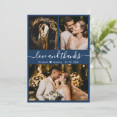 Carte De Remerciements Elegant Chic Navy 3 Photo Collage Mariage (Debout devant)
