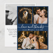 Carte De Remerciements Elegant Chic Navy 3 Photo Collage Mariage (Devant / Derrière)