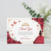 Carte De Remerciements Elegant Chic Red Roses Gold Quinceanera (Debout devant)