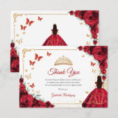 Carte De Remerciements Elegant Chic Red Roses Gold Quinceanera (Devant / Derrière)