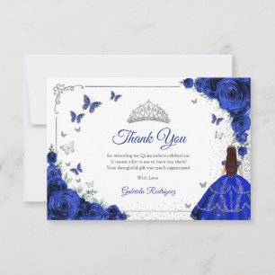 Carte De Remerciements Élégant Chic Roses Bleu Royal Argent Quinceanera