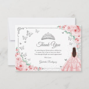Carte De Remerciements Élégant Chic Roses Roses Quinceanera Argenté