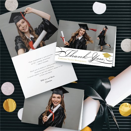 Carte De Remerciements Élégant Chic Script Graduation Cap 2 Photo Grad