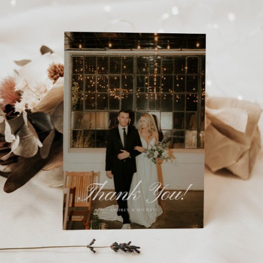 Carte De Remerciements Elegant Classic Script Wedding Photo