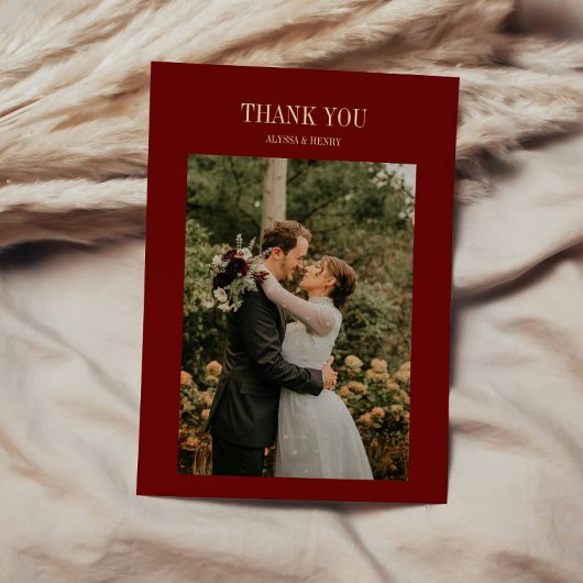 Carte De Remerciements Elegant Classic Script Wine Red Wedding Photo