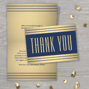 Carte De Remerciements Élégant Classic Stripes Marine Bleu et Or Plié