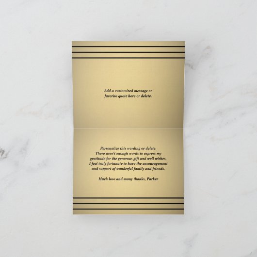 Carte De Remerciements Élégant classique rayures chic noir et or plié (Intérieur)