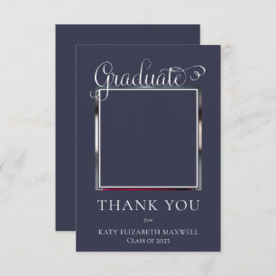 Carte De Remerciements Élégant Classy Script Graduate Photo Bleu