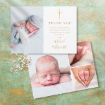 Carte De Remerciements Élégant Collage Photo Signature Script Baptême<br><div class="desc">Un élégant script signature or photo collage Baptême ou carte de remerciements Christening. Personnalisez-vous avec vos 4 photos spéciales et merci ensemble de messages en lettres or chic. Conçu par Thisisnotme©</div>