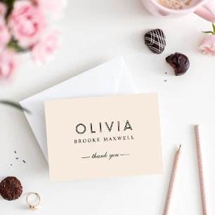 Carte De Remerciements Élégant Crème et Monogramme Personnalisé Noir