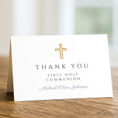 Carte De Remerciements Elegant Dusty Blue Script Boy First Communion 