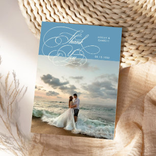 Carte De Remerciements Élégant écriture mariage photo denim bleu