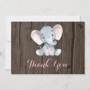 Carte De Remerciements Élégant Éléphant Bébé Fille Rose et Gris Rustique