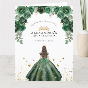 Carte De Remerciements Élégant Emerald Quinceañera Floral Faux Foil