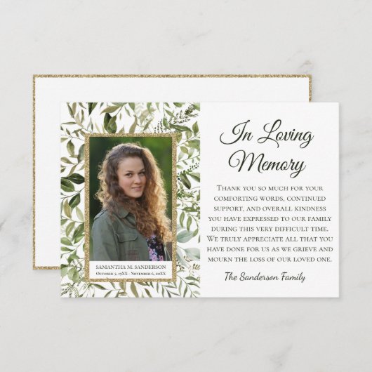 Carte De Remerciements Elégant Eucalyptus Funéraire En Mémoire Amoureuse  (Devant / Derrière)