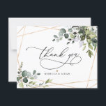Carte De Remerciements Elégant Eucalyptus Verdure Mariage Or<br><div class="desc">Conçu pour s'harmoniser avec notre collection Boho Greenery Gold mariage,  ce Carte de remerciements plat personnalisable propose des feuilles de verdure à l'aquarelle mélangée avec une police serif en noir pour un message optionnel sur le dos. Éléments correspondants disponibles.</div>