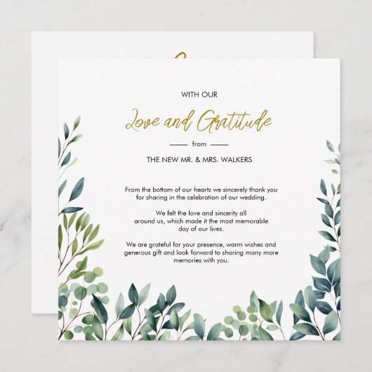 Carte De Remerciements Élégant feuillage botanique vert mariage (Devant / Derrière)