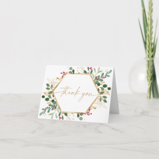 Carte De Remerciements Élégant feuillage de Noël vert or rouge (Devant)