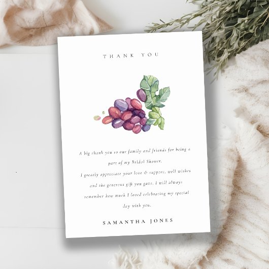 Carte De Remerciements Élégant feuillage de raisin à l'aquarelle pour Bab