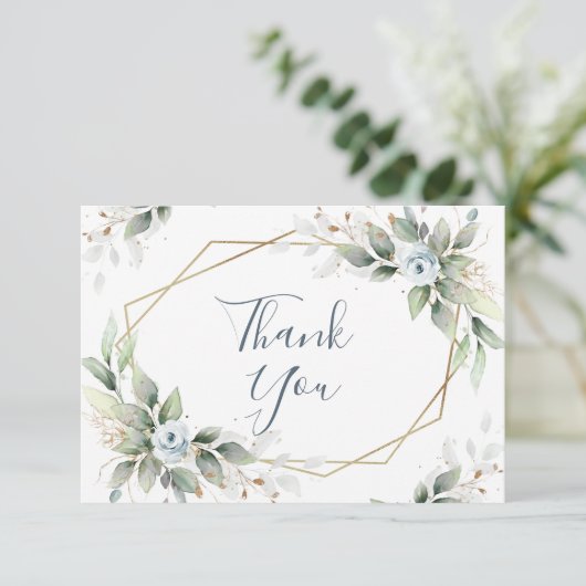 Carte De Remerciements Élégant feuillage Fleurs bleues poussiéreuses (Debout devant)