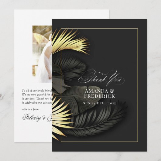 Carte De Remerciements Élégant Feuille Tropical Noir et Or (Devant / Derrière)