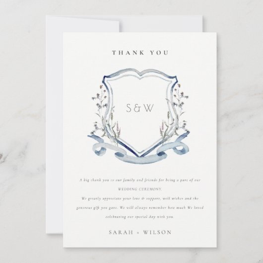 Carte De Remerciements Élégant Fleur sauvage bleu Monogram Crest Mariage (Devant)