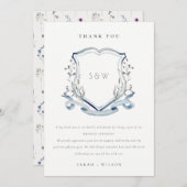 Carte De Remerciements Élégant Fleur sauvage bleu Monogram Crest Mariage (Devant / Derrière)