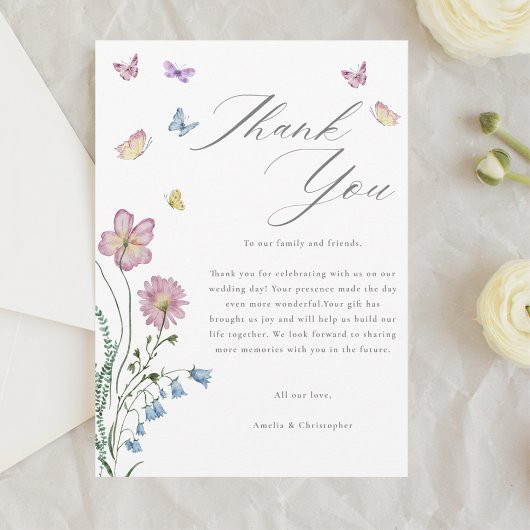 Carte De Remerciements Élégant Fleur sauvage Mariage papillon