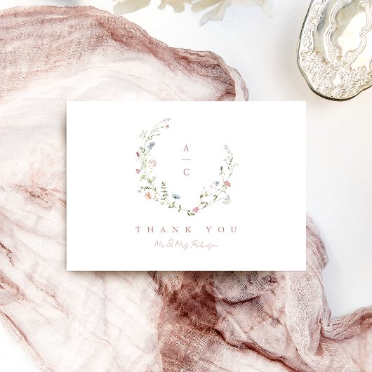 Carte De Remerciements Élégant Fleur sauvage Rustic Boho Mariage monogram