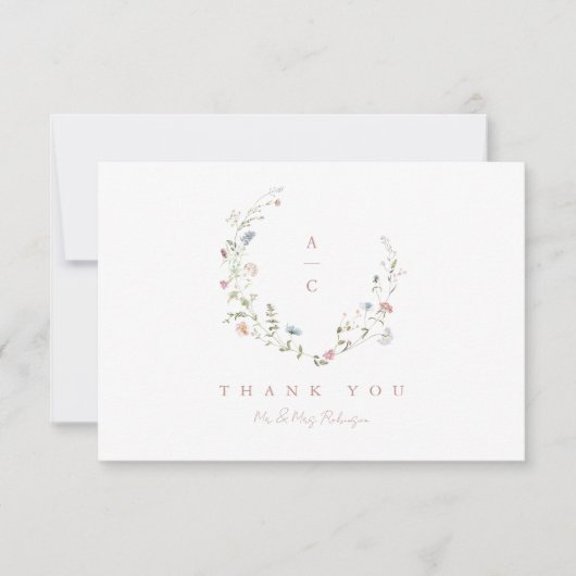 Carte De Remerciements Élégant Fleur sauvage Rustic Boho Mariage monogram (Devant)