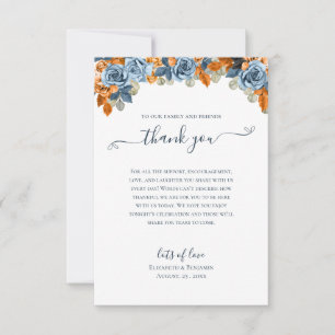 Carte De Remerciements Élégant Floral Automne Mariage Bohème Navy Et Roui