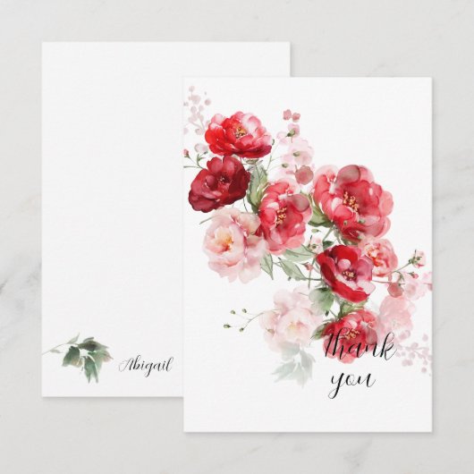 Carte De Remerciements Élégant floral rouge simple personnalisé (Devant / Derrière)