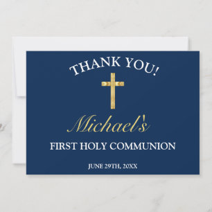 Carte De Remerciements Elégant Garçons Gold Croix Bleue Première communio